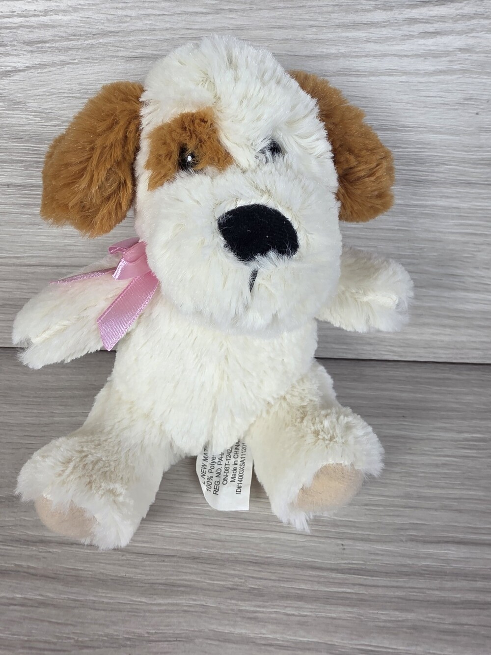 Megatoy Plush Dog Stuffed Animal w Satin Ribbon Brown Spot on Eye SU23